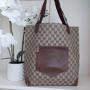 FINAL SALE 🔥 Gucci Web Tan Monogram Canvas Sherry Line GG Tote Bag